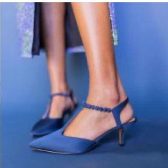 J. Renee NIMAH Navy Blue Sparkle Bead Pointed Toe T Strap Slingback Heels - Picture 2 of 16